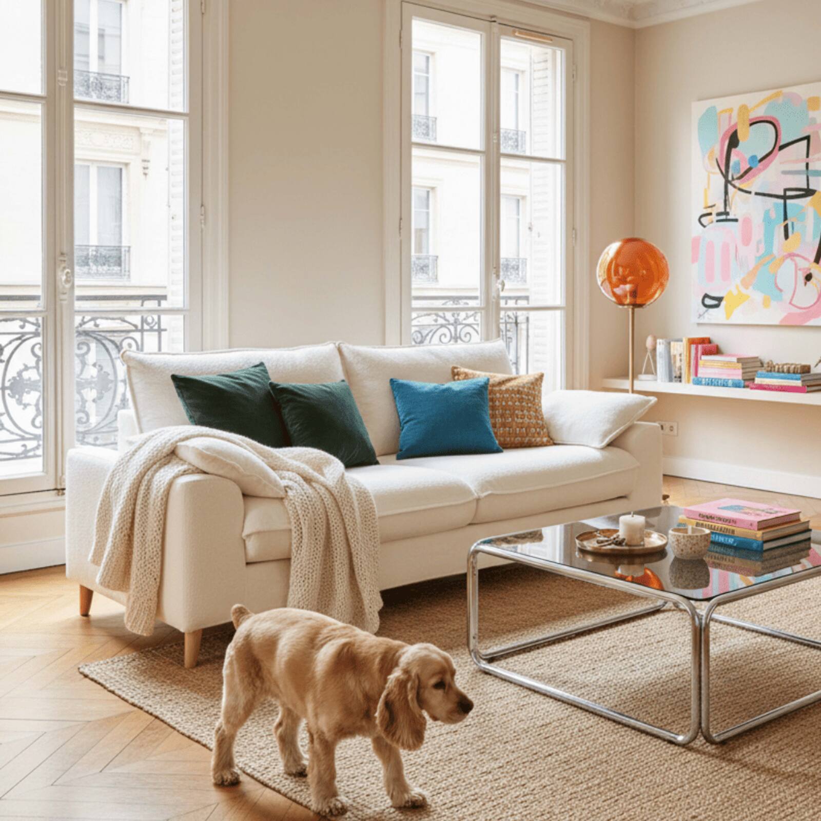 Divano 3 posti in tessuto bouclé crema sfoderabile con cuscini