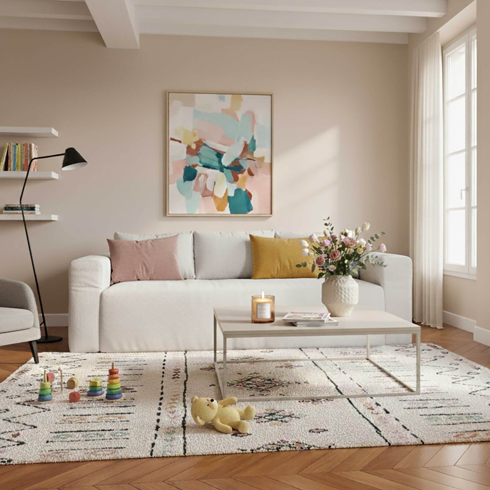 Divano 3 posti in tessuto a coste con cuscini