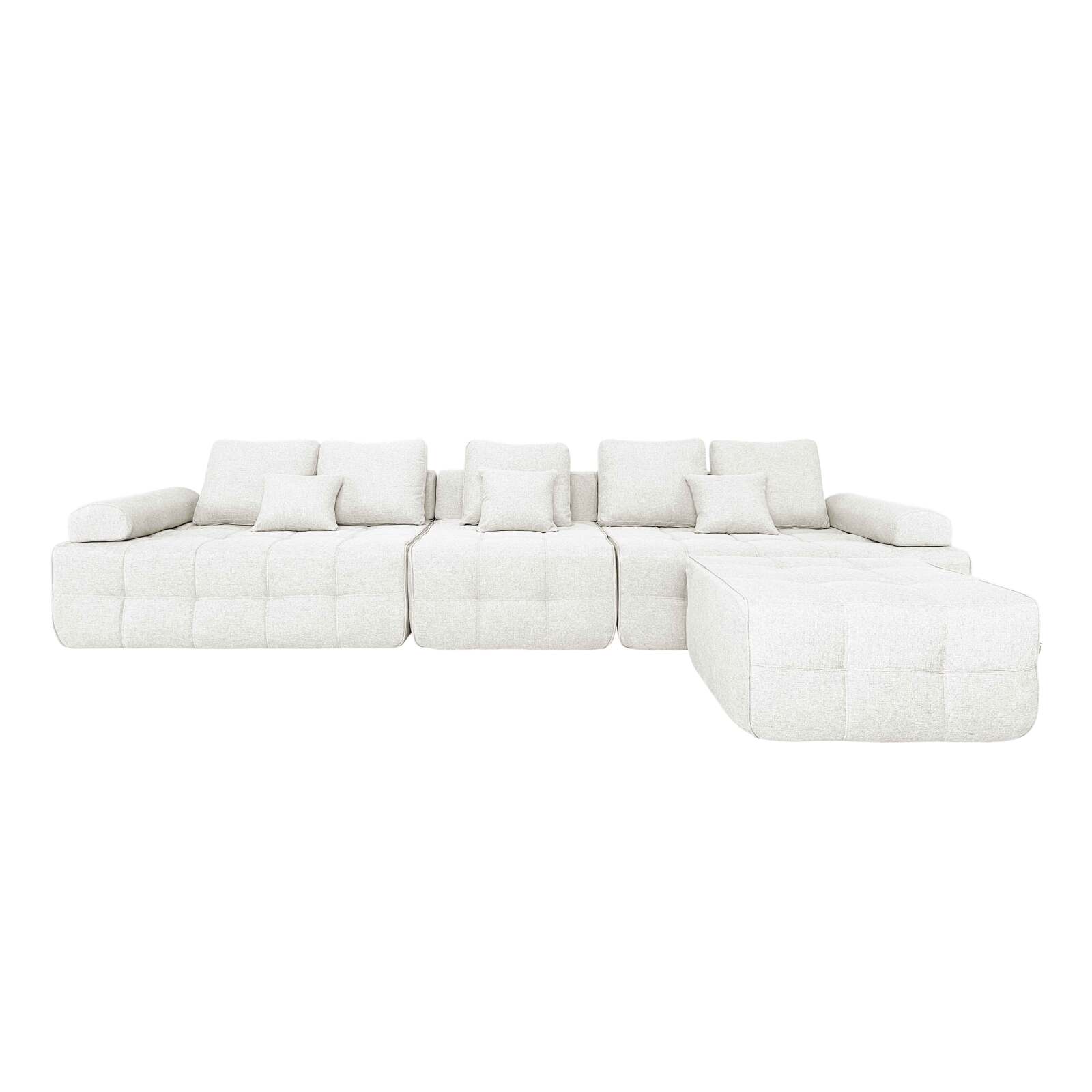 Divano 5 posti in tessuto con pouf e cuscini