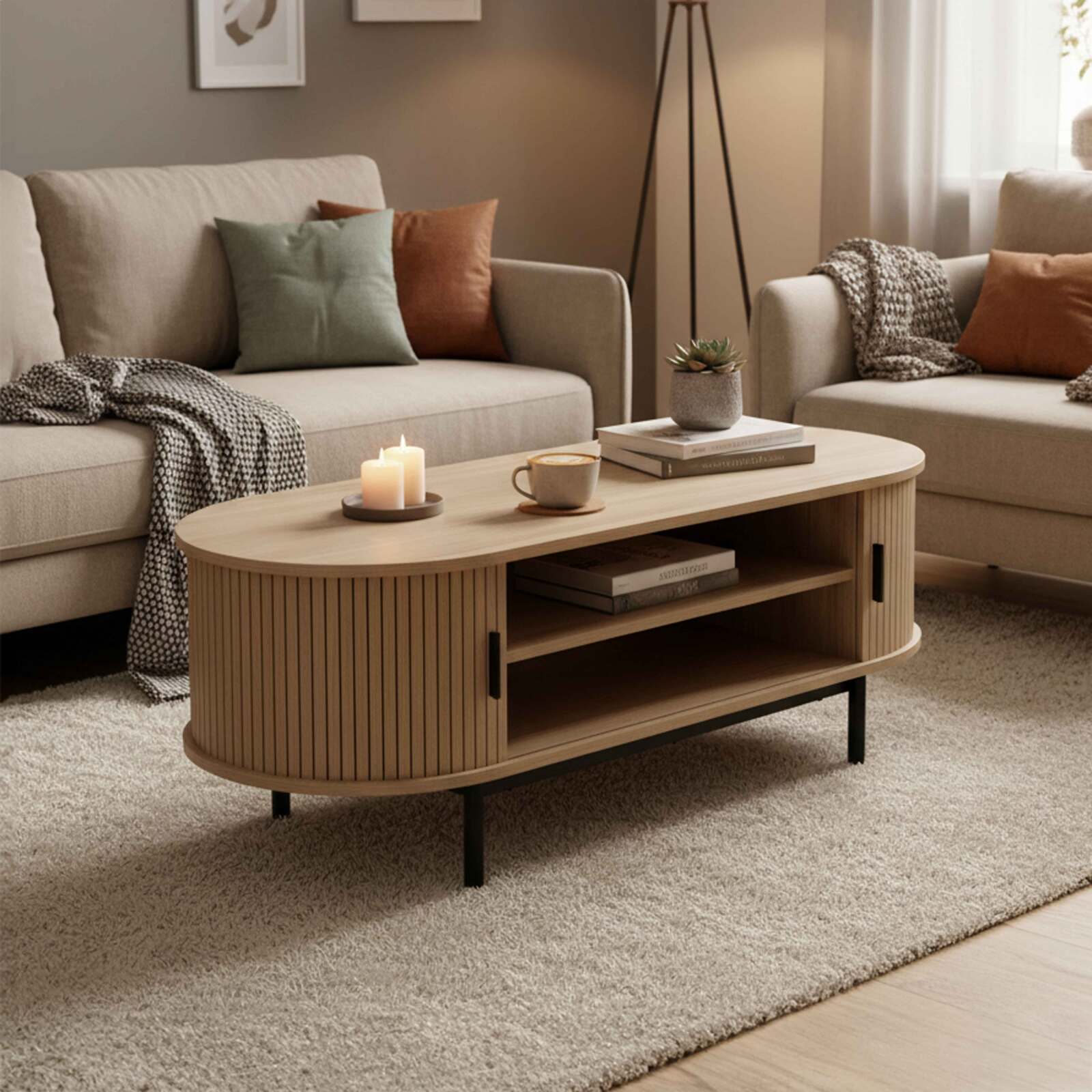 Tavolino da salotto in metallo e effetto legno ovale 120x55 cm stile scandinavo