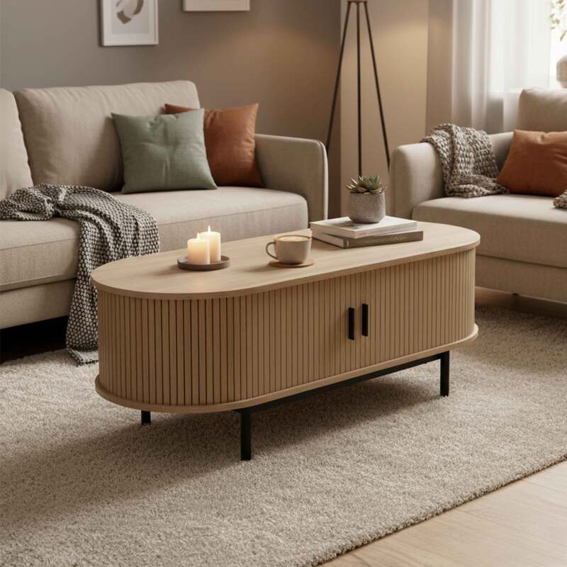Tavolino da salotto in metallo e effetto legno ovale 120x55 cm stile scandinavo