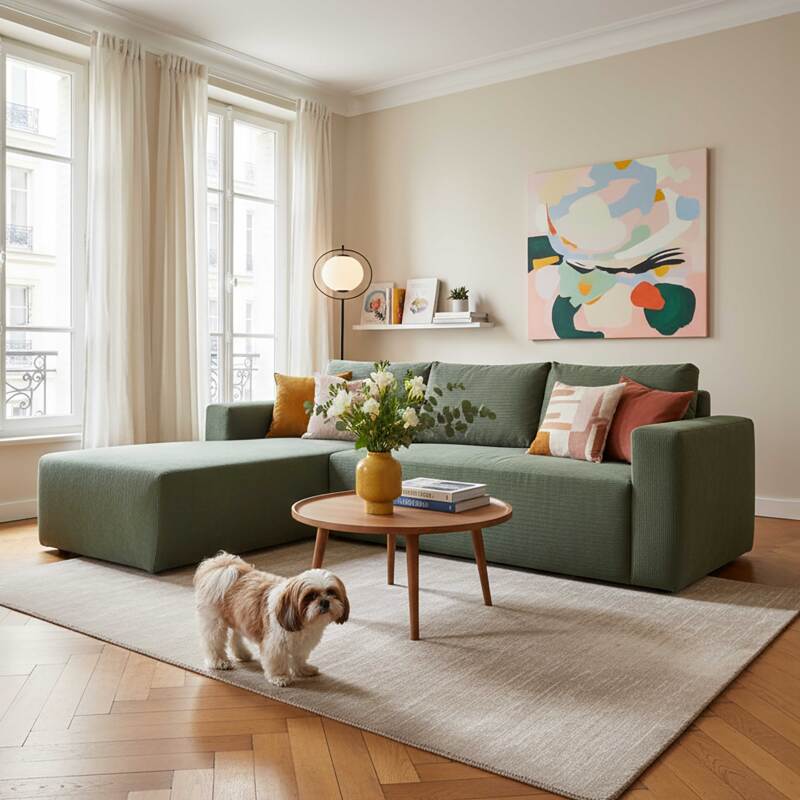 Divano angolare 4 posti in tessuto a coste con chaise longue sinistra e cuscini