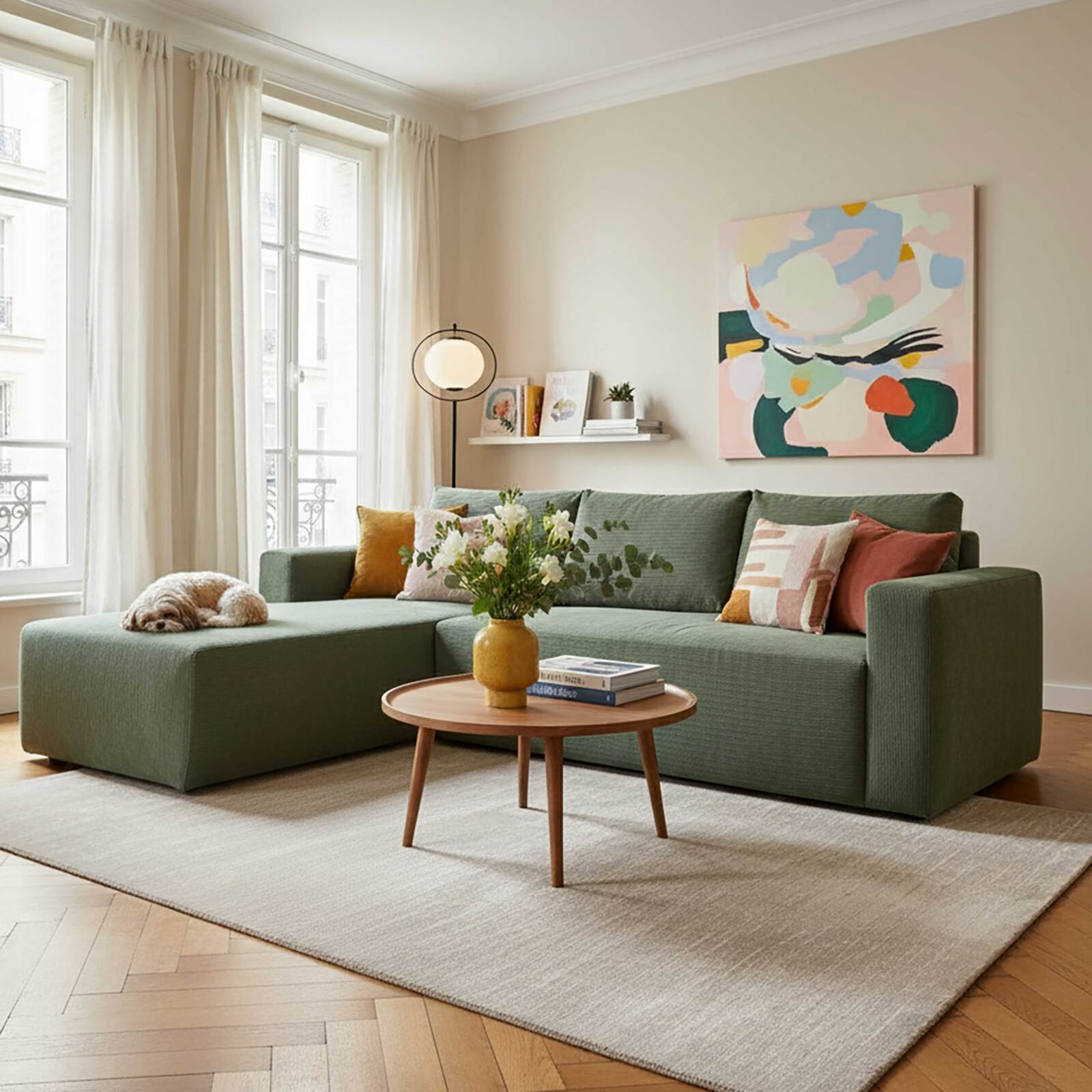 Divano angolare 4 posti in tessuto a coste con chaise longue sinistra e cuscini Divano angolare 4 posti in tessuto a coste con chaise longue sinistra e cuscini