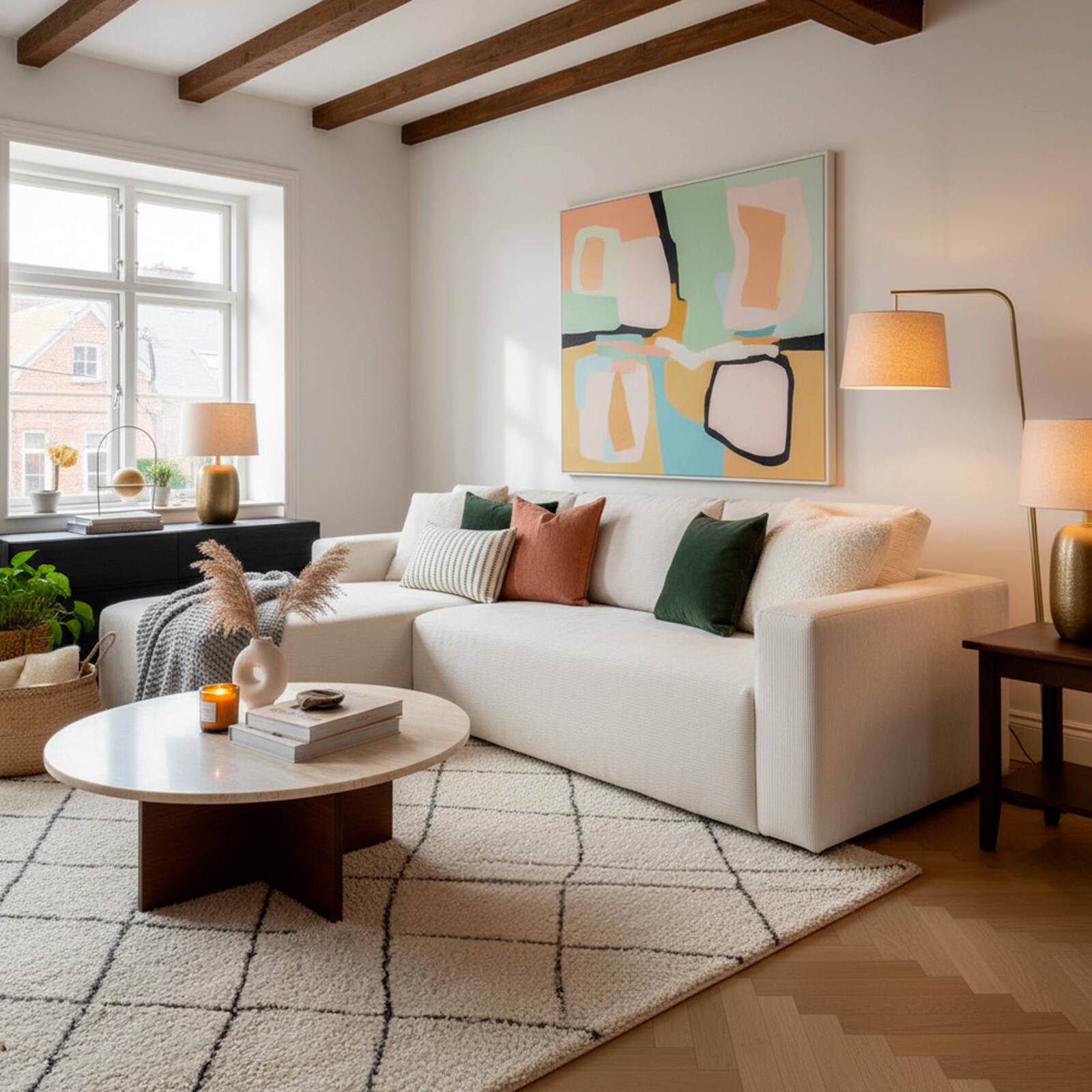 Divano angolare 4 posti in tessuto a coste con chaise longue sinistra e cuscini