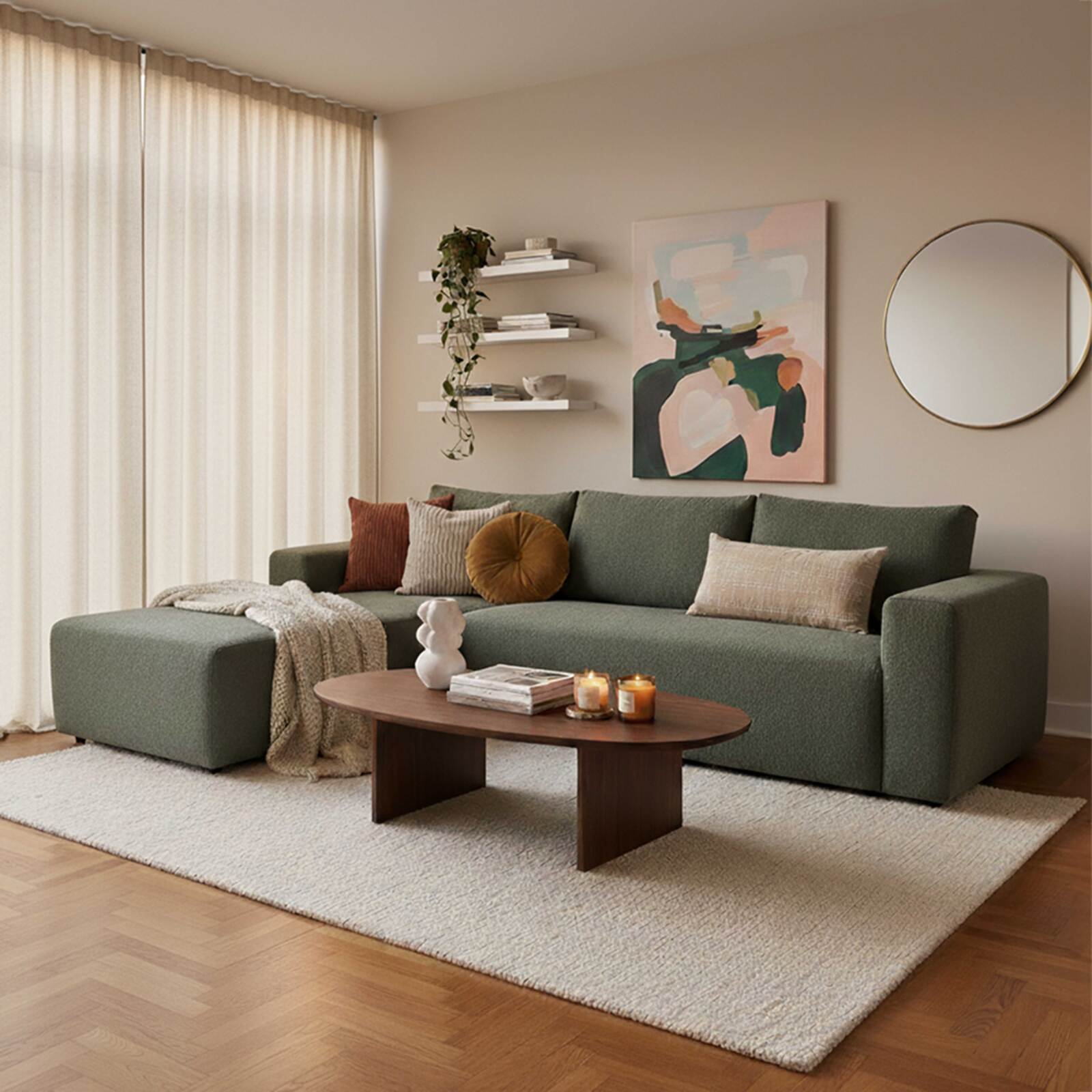 Divano angolare 4 posti in tessuto bouclé a coste con chaise longue sinistra e cuscini