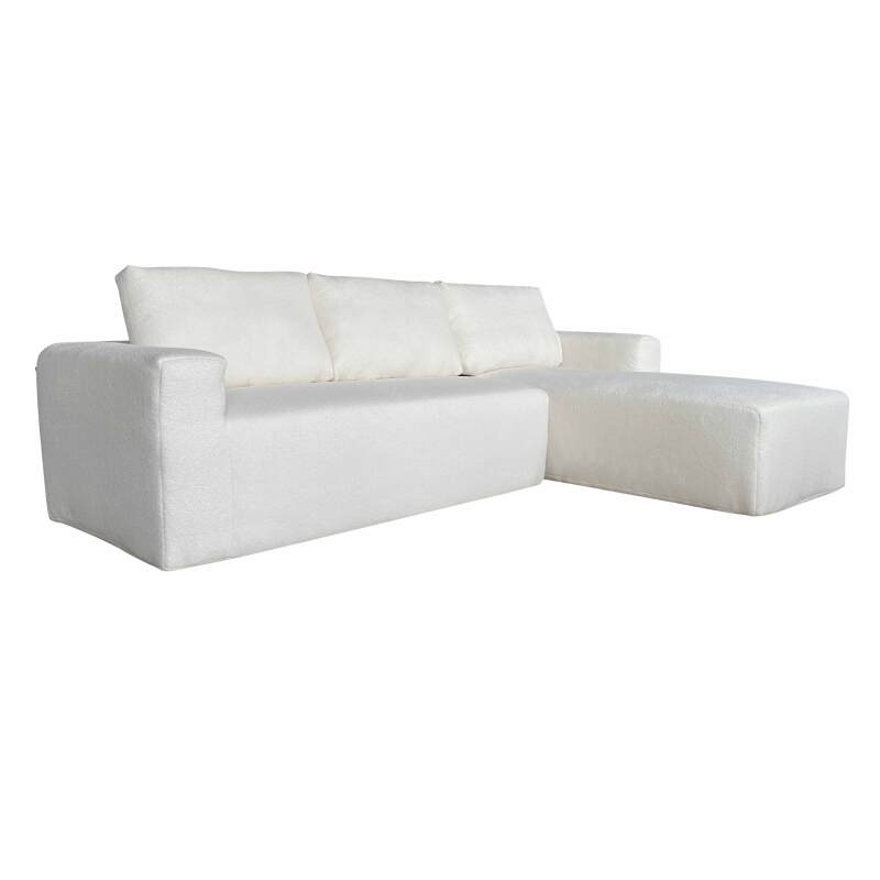 Divano angolare 4 posti in tessuto bouclé con chaise longue destra e cuscini
