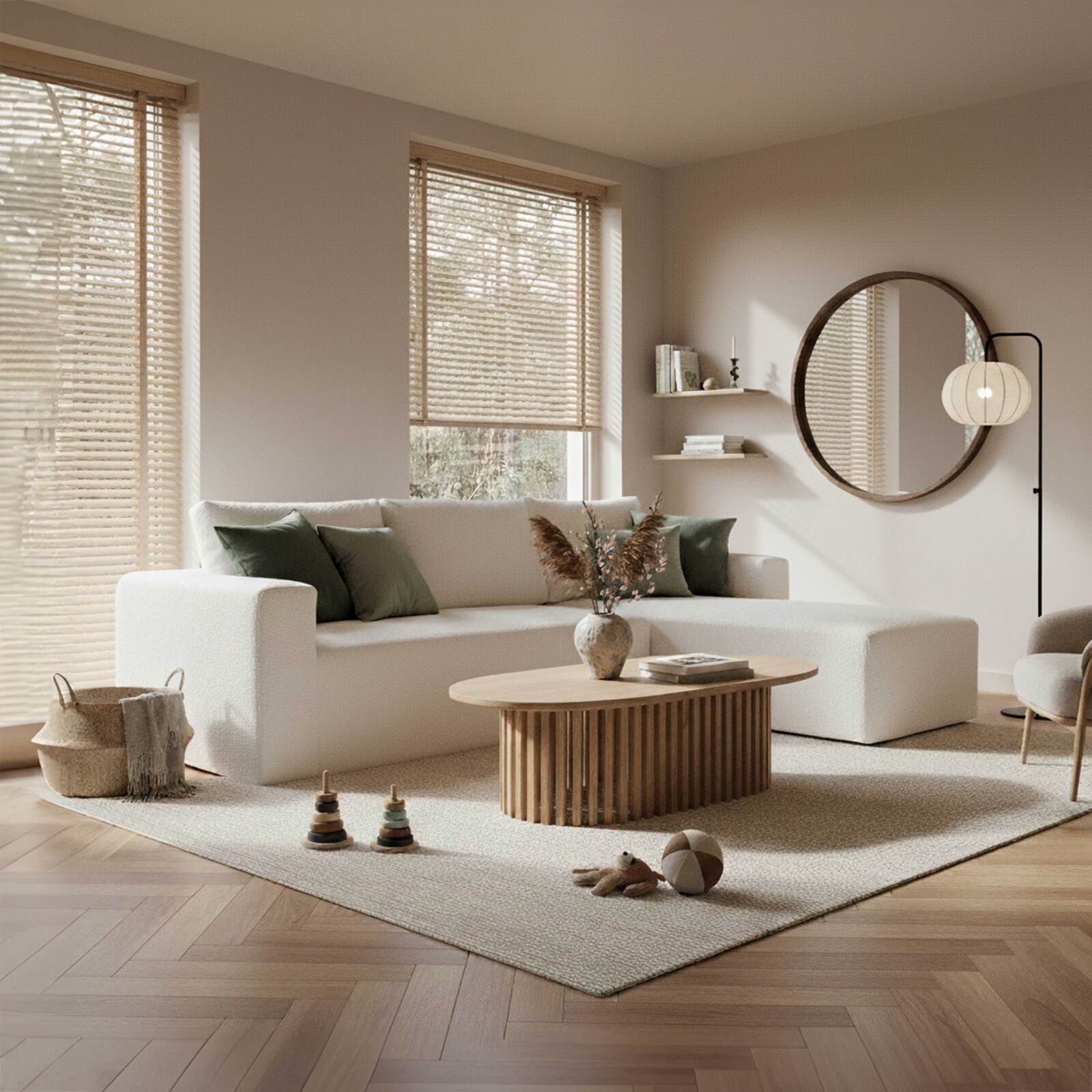 Divano angolare 4 posti in tessuto bouclé con chaise longue destra e cuscini