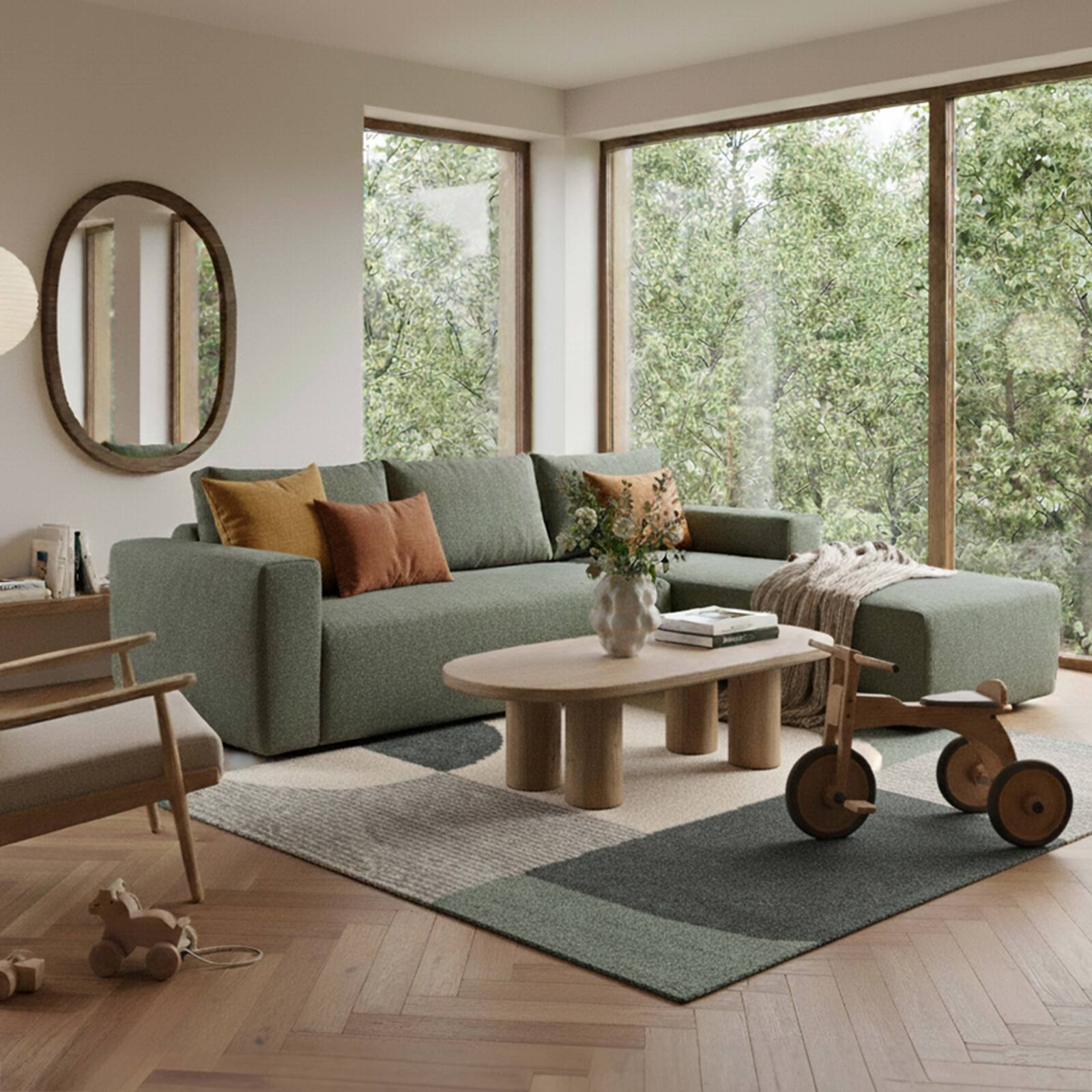 Divano angolare 4 posti in tessuto bouclé con chaise longue destra e cuscini