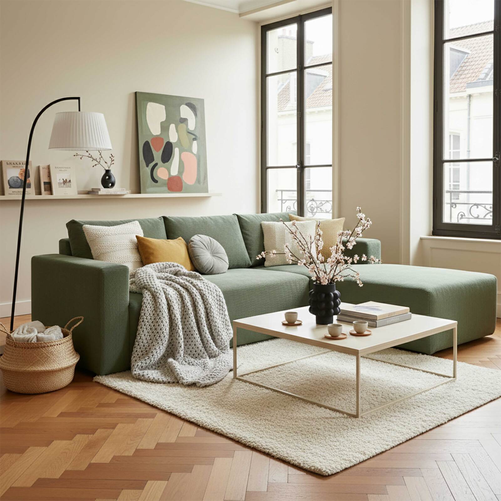 Divano angolare 4 posti in tessuto a coste con chaise longue destra e cuscini Divano angolare 4 posti in tessuto a coste con chaise longue destra e cuscini