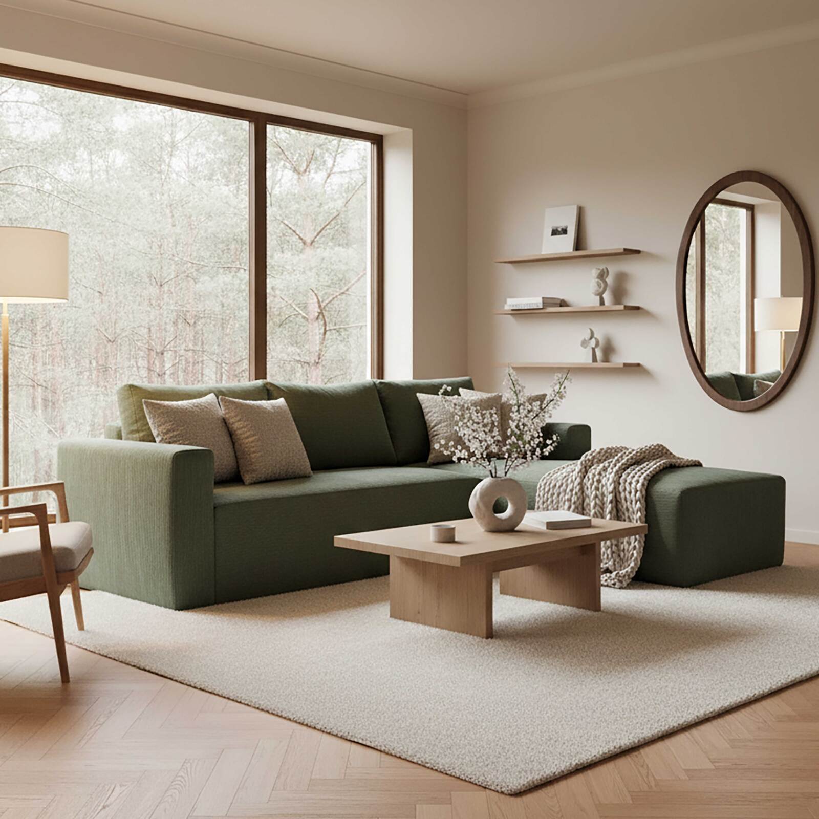 Divano angolare 4 posti in tessuto a coste con chaise longue destra e cuscini