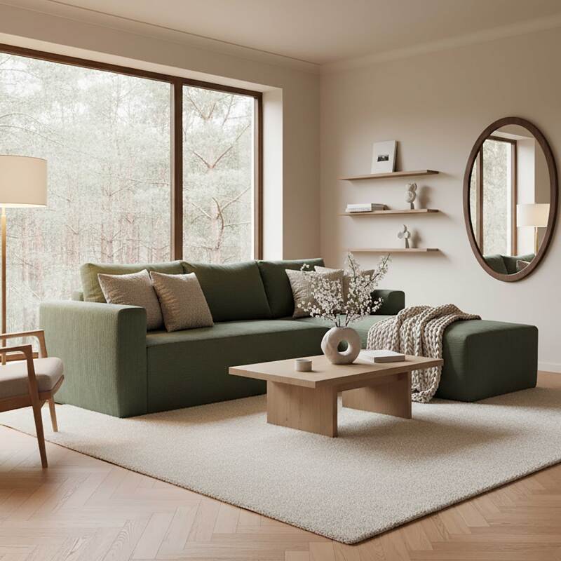 Divano angolare 4 posti in tessuto a coste con chaise longue destra e cuscini