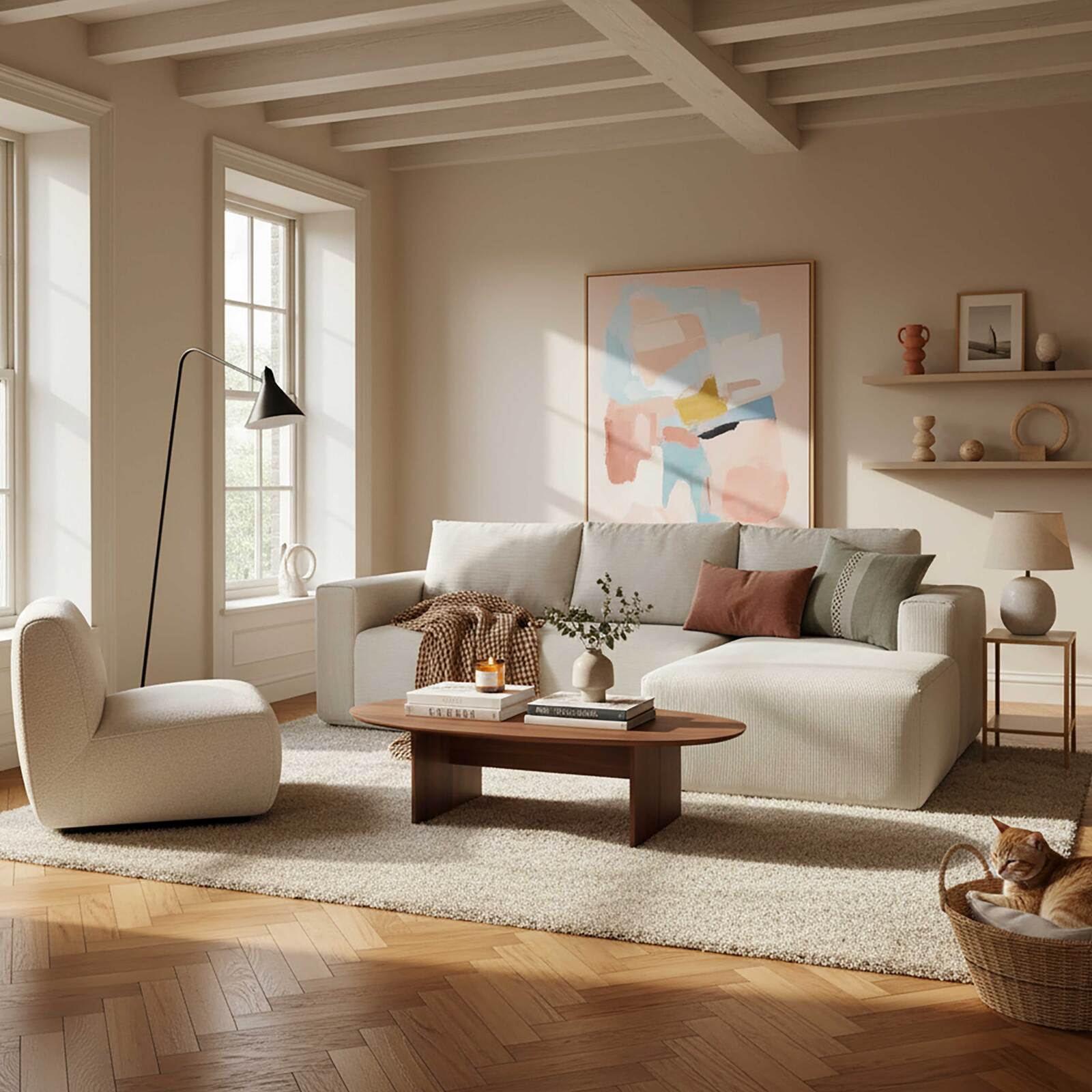 Divano angolare 4 posti in tessuto a coste con chaise longue destra e cuscini