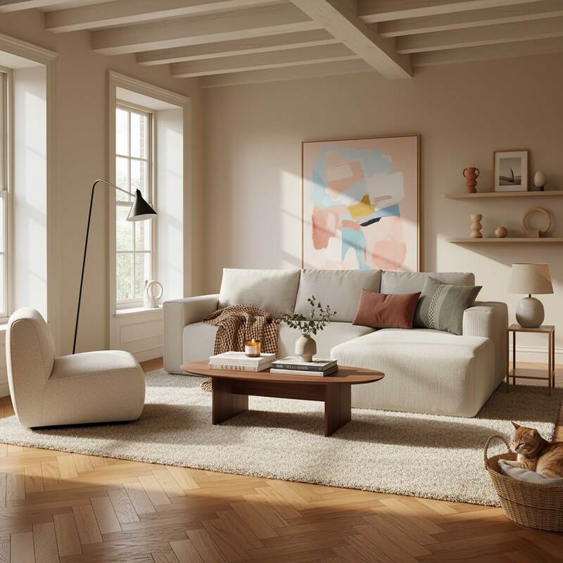 Divano angolare 4 posti in tessuto a coste con chaise longue destra e cuscini