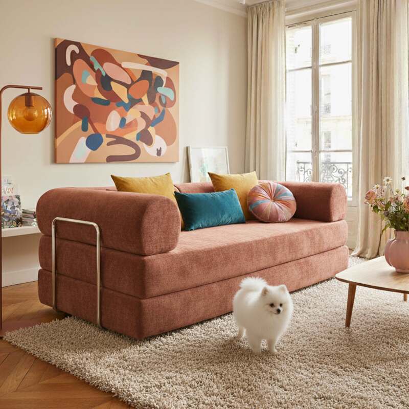 Divano letto 2 posti in tessuto con cuscini