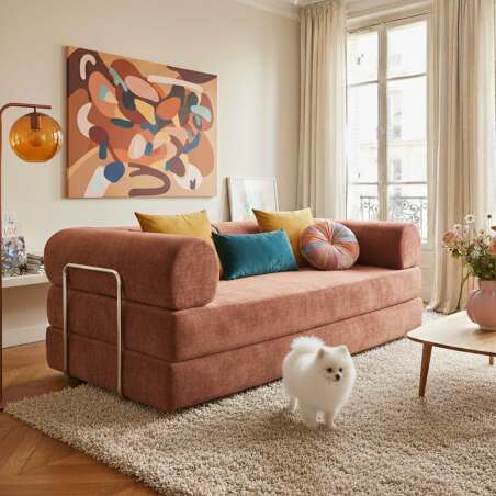 Divano letto 2 posti in tessuto con cuscini