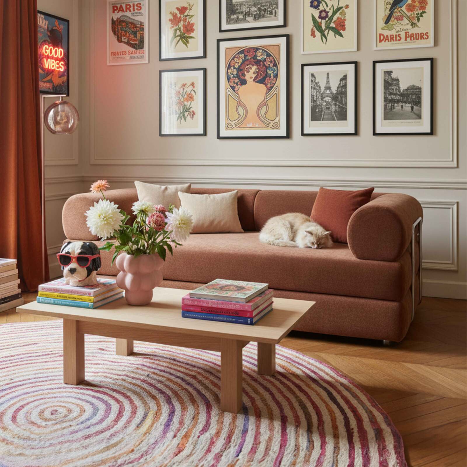 Divano letto 2 posti in tessuto con cuscini