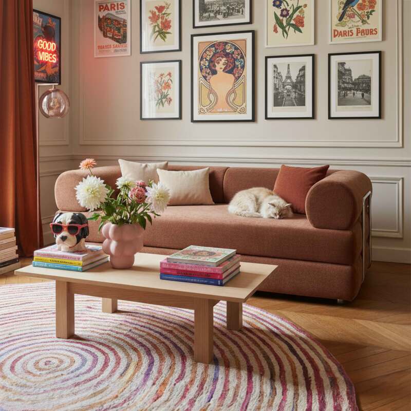 Divano letto 2 posti in tessuto con cuscini (7/8)