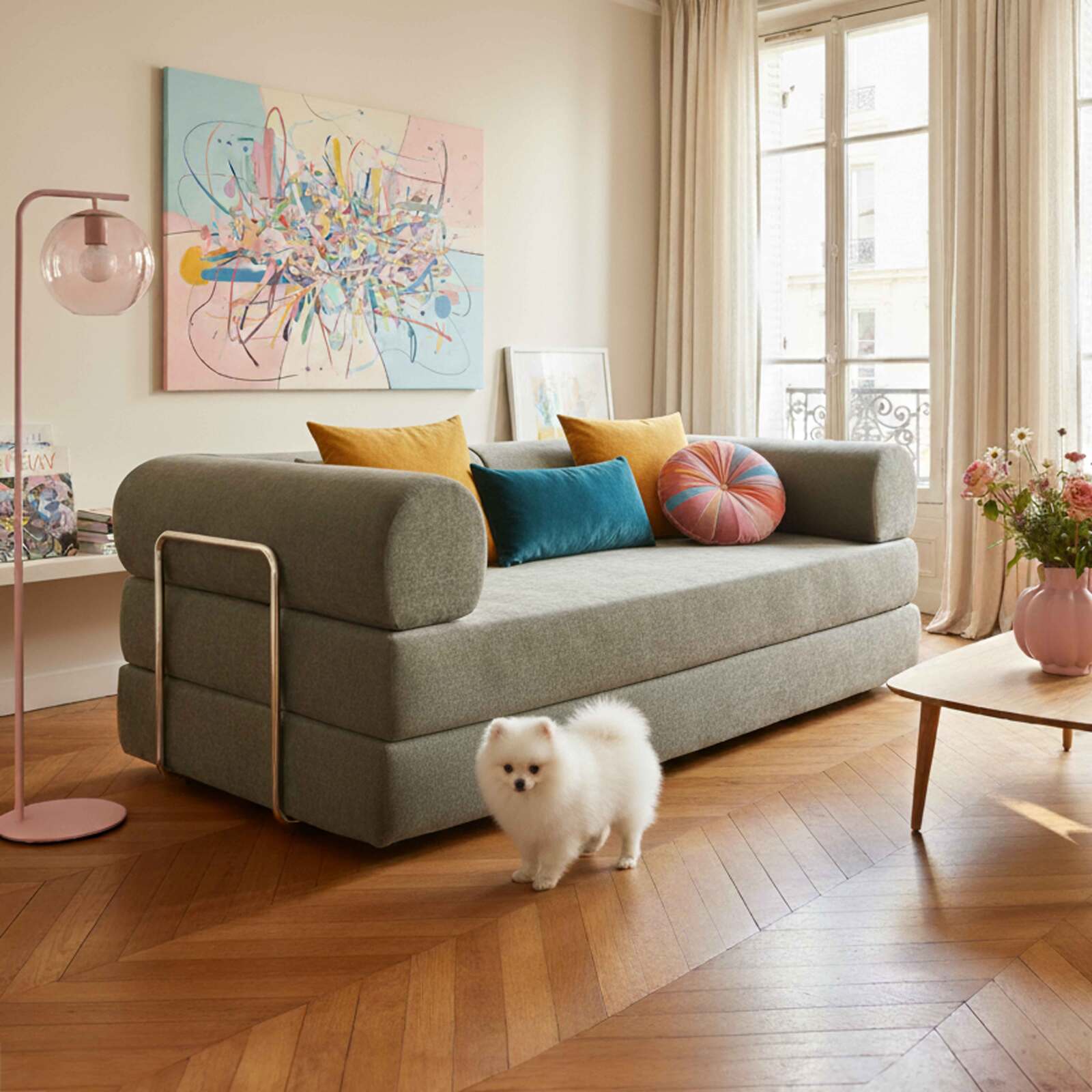 Divano letto 2 posti in tessuto con cuscini