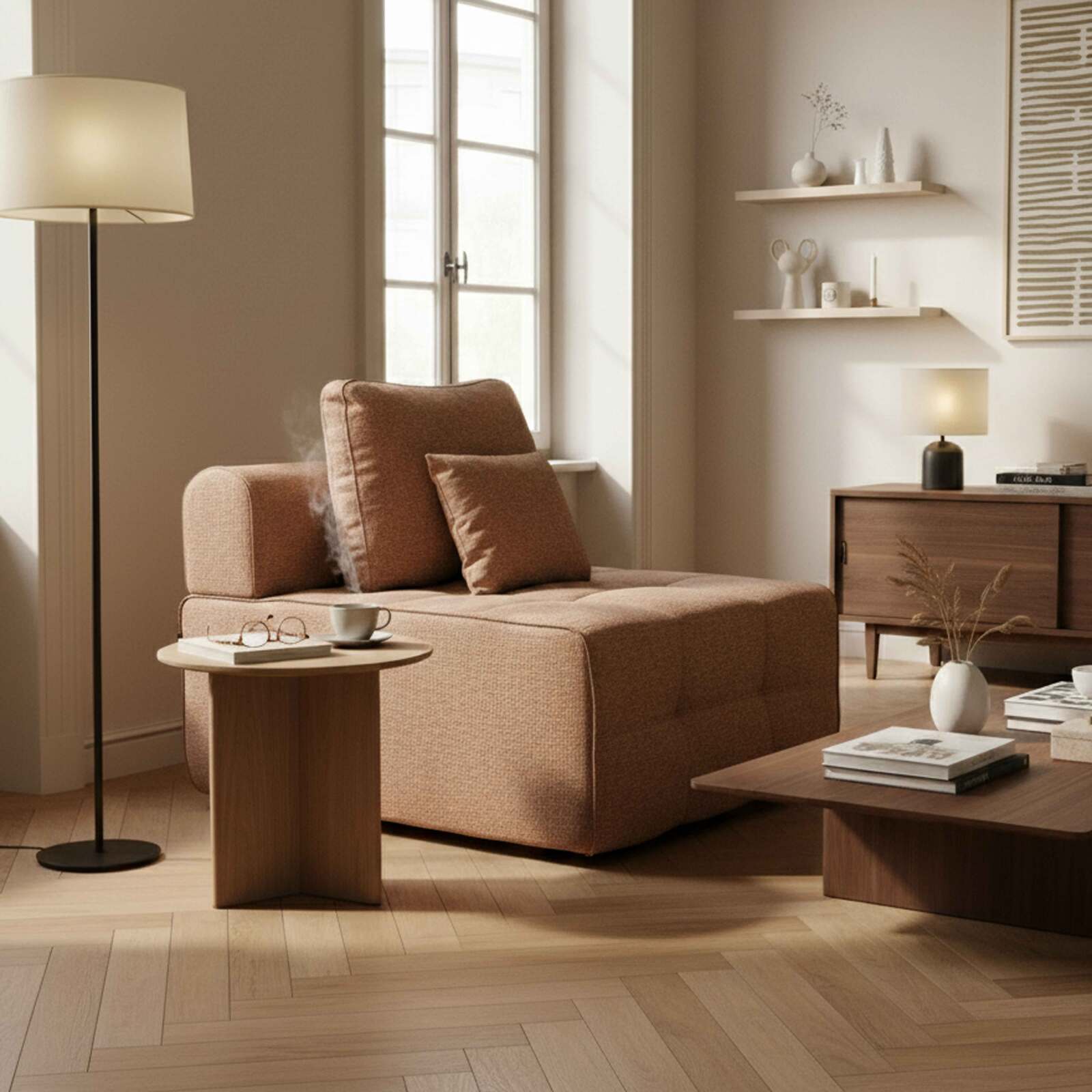 Modulo centrale 1 posto per divano in tessuto con cuscini