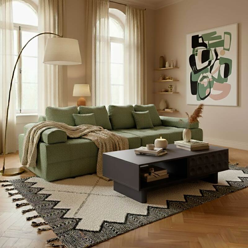 Divano 4 posti in tessuto con cuscini