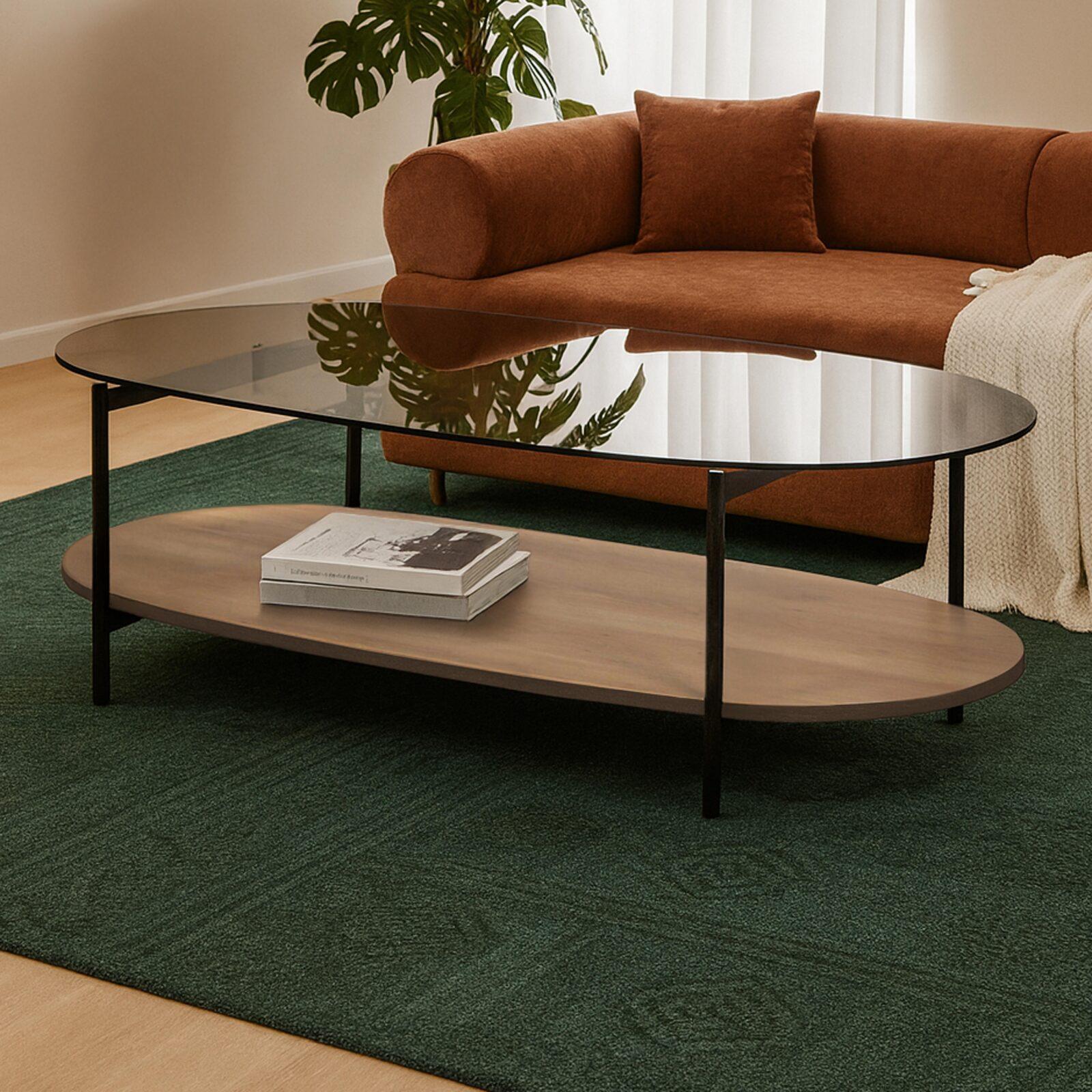 Tavolino da salotto in vetro e effetto legno ovale  120 x 55 x 40 cm