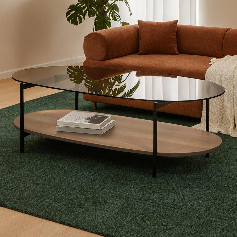 Tavolino da salotto in vetro e effetto legno ovale  120 x 55 x 40 cm