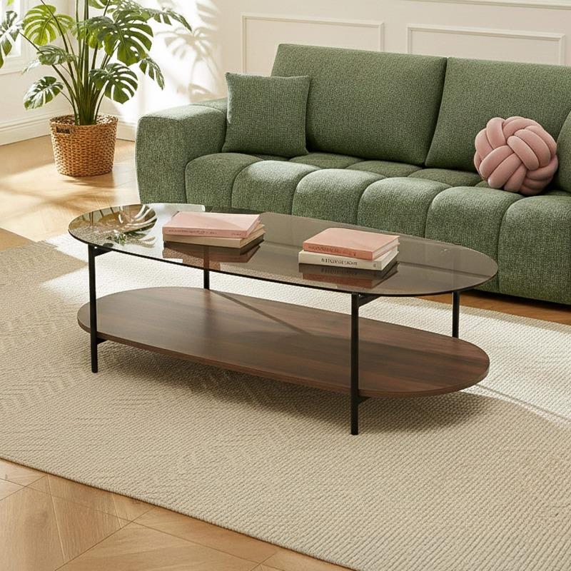 Tavolino da salotto in vetro e effetto legno scuro ovale  120 x 55 x 40 cm