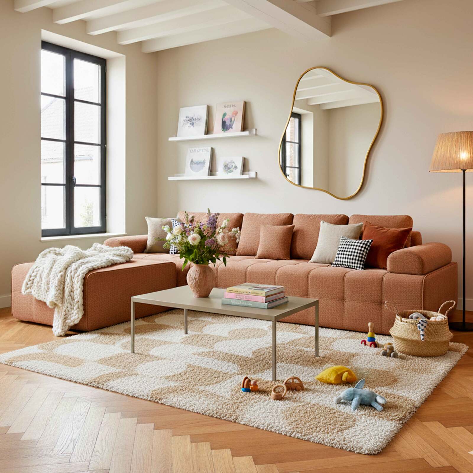 Divano modulare 4 posti in tessuto a con pouf e cuscini