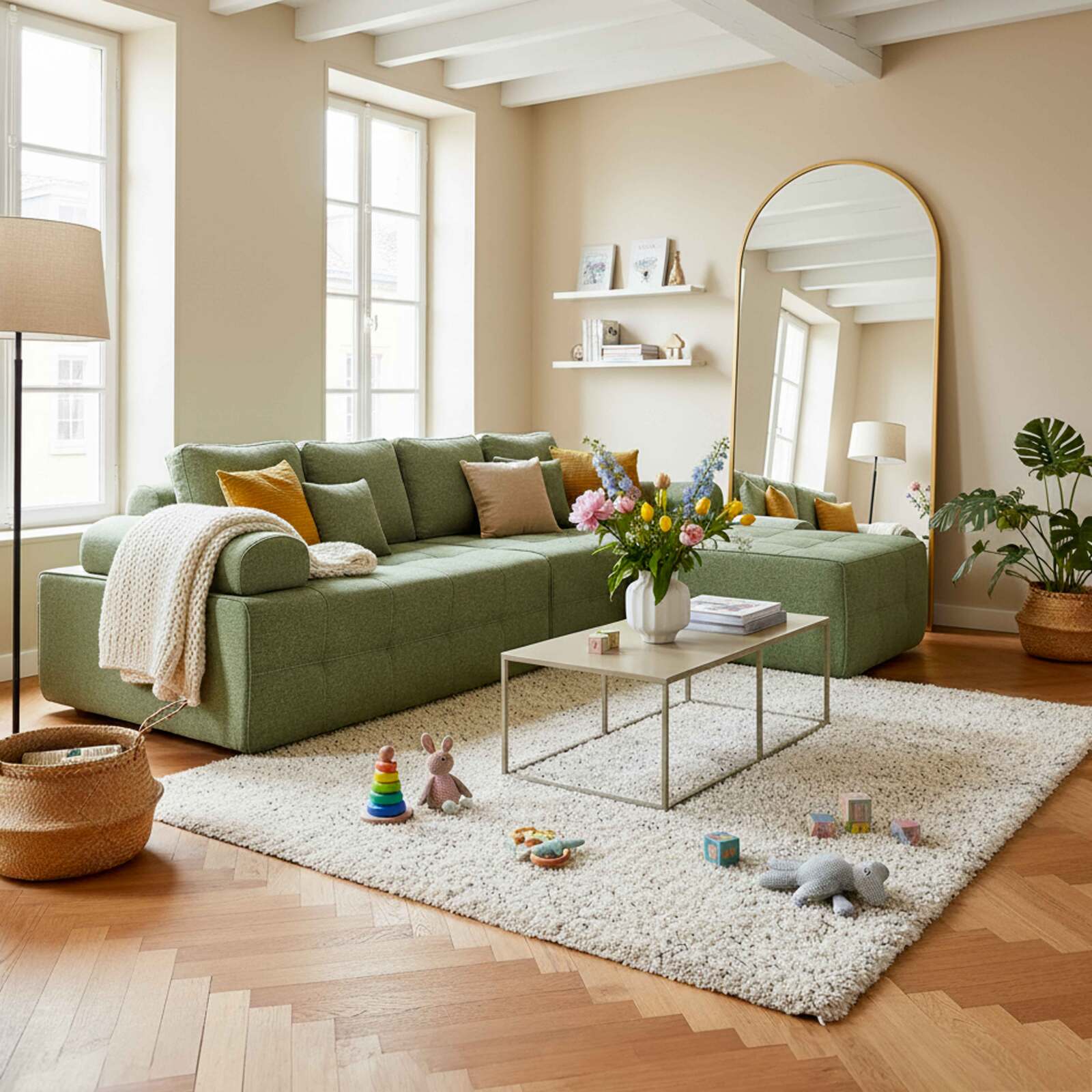 Divano modulare 4 posti in tessuto a con pouf e cuscini