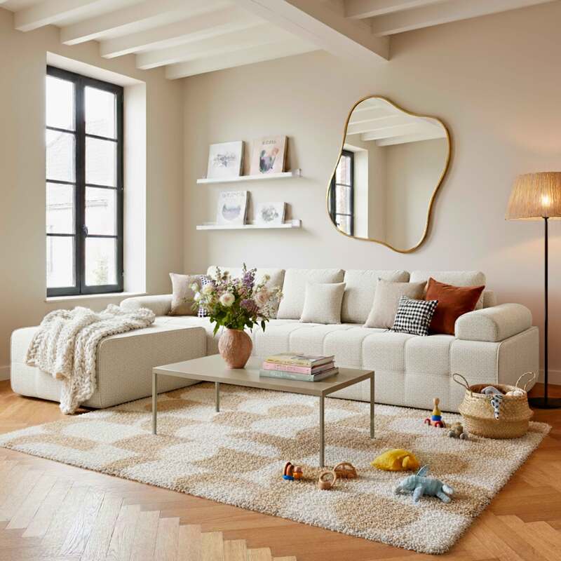 Divano modulare 4 posti in tessuto a con pouf e cuscini