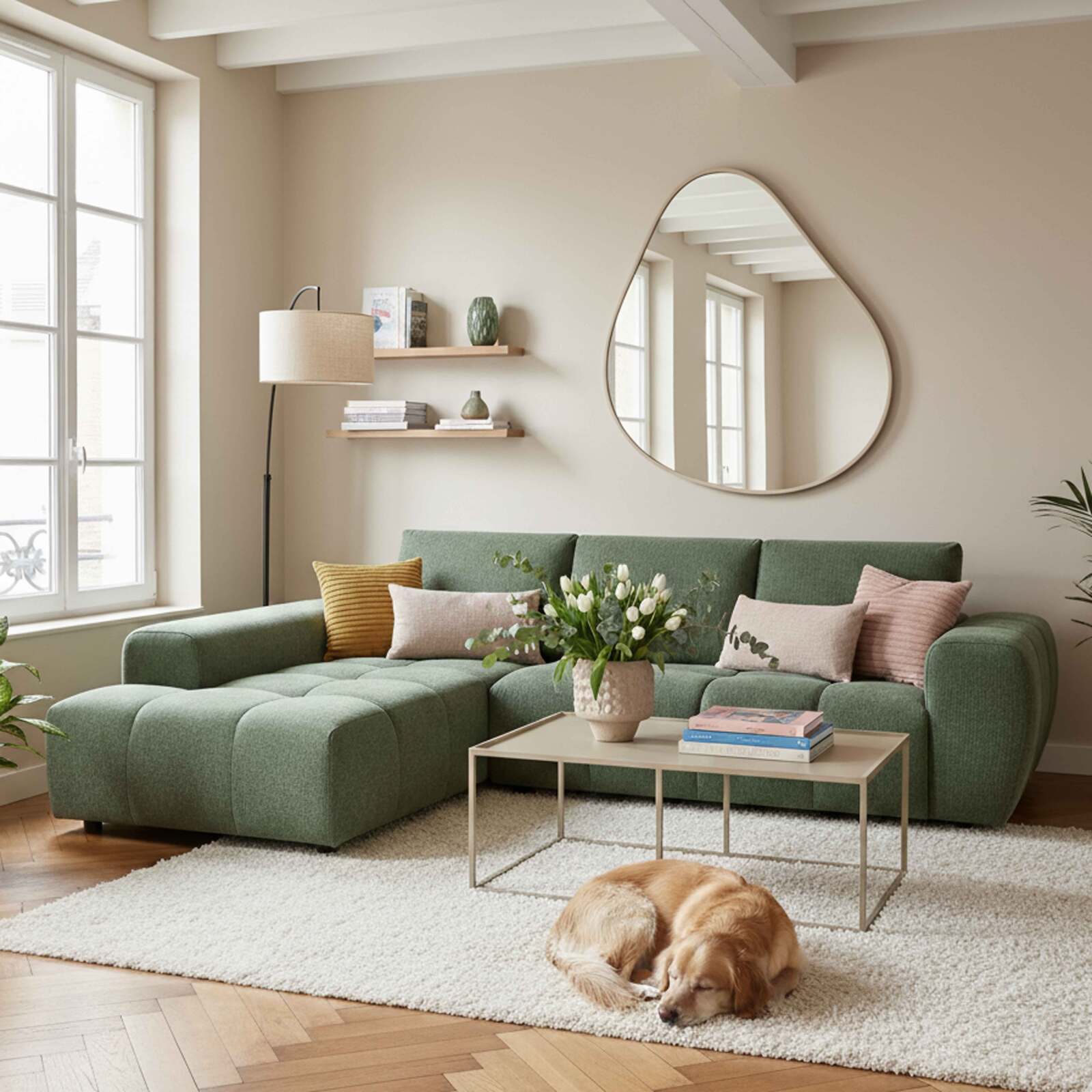 Divano angolare 3 posti in tessuto con chaise longue sinistra e cuscini