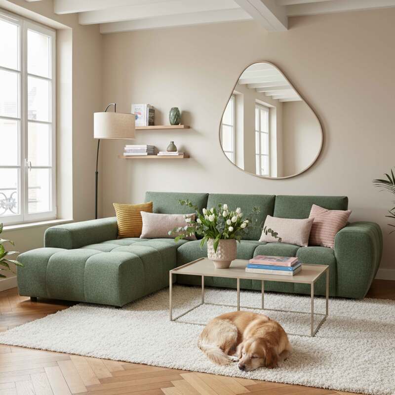 Divano angolare 3 posti in tessuto con chaise longue sinistra e cuscini