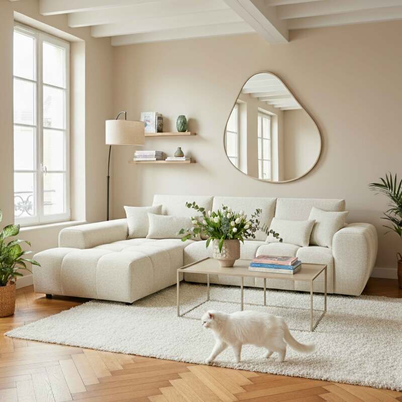 Divano angolare 3 posti in tessuto con chaise longue sinistra e cuscini