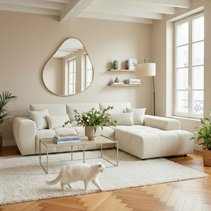 Divano angolare 3 posti in tessutocon chaise longue destra e cuscini