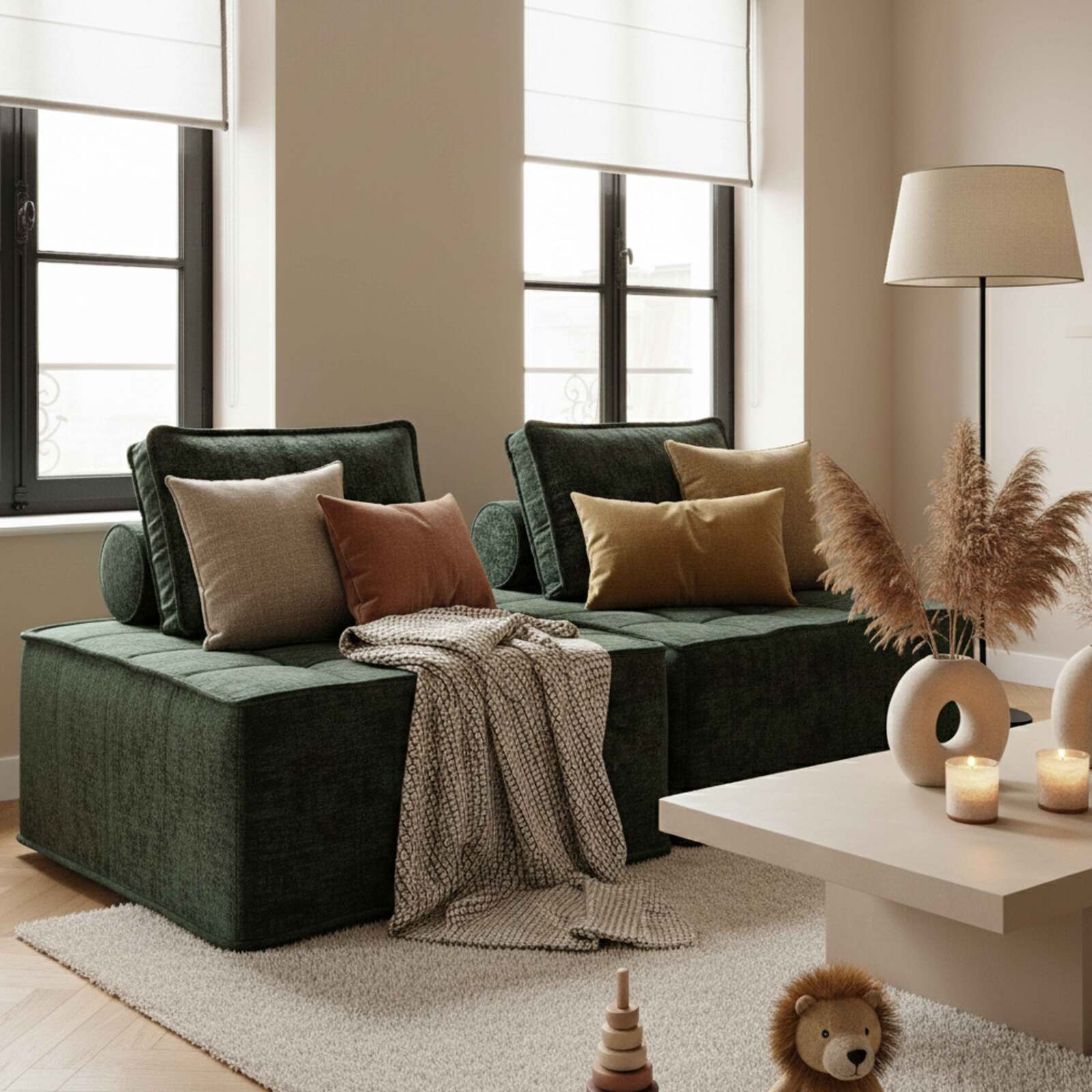 Divano modulare 2 posti in tessuto con cuscini