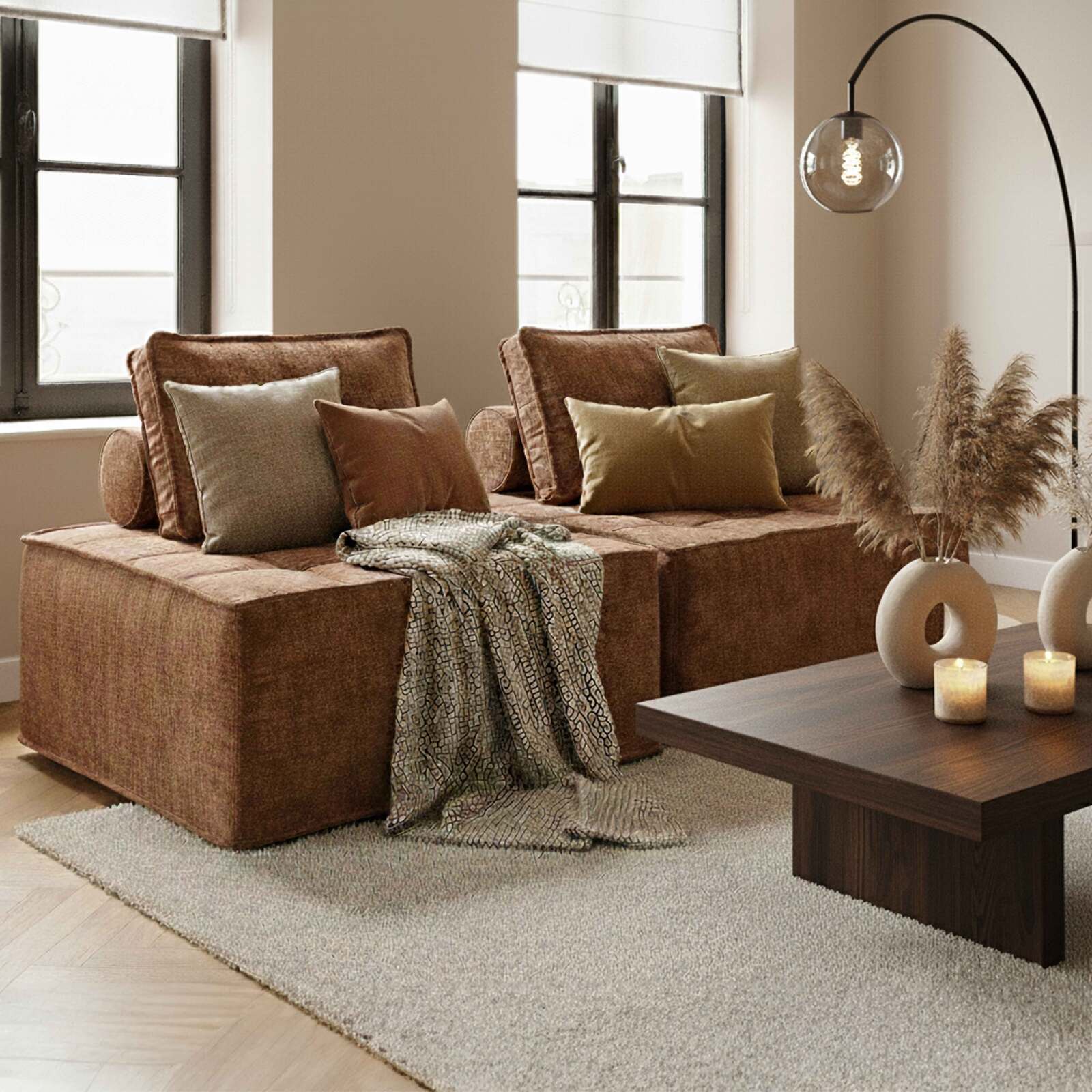 Divano modulare 2 posti in tessuto con cuscini