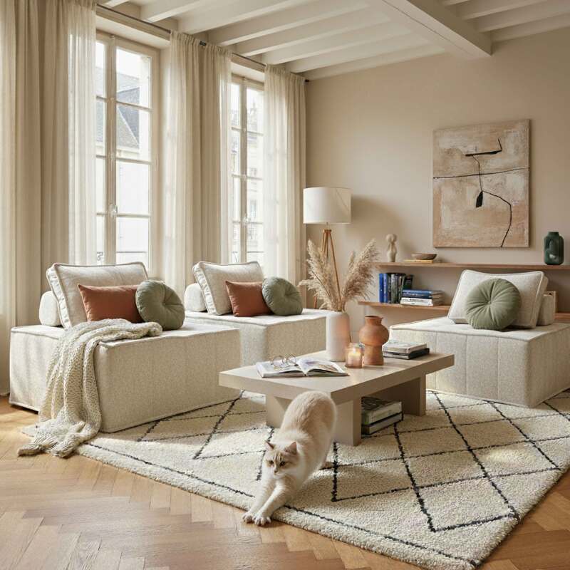 Divano modulare 3 posti in tessuto con cuscini