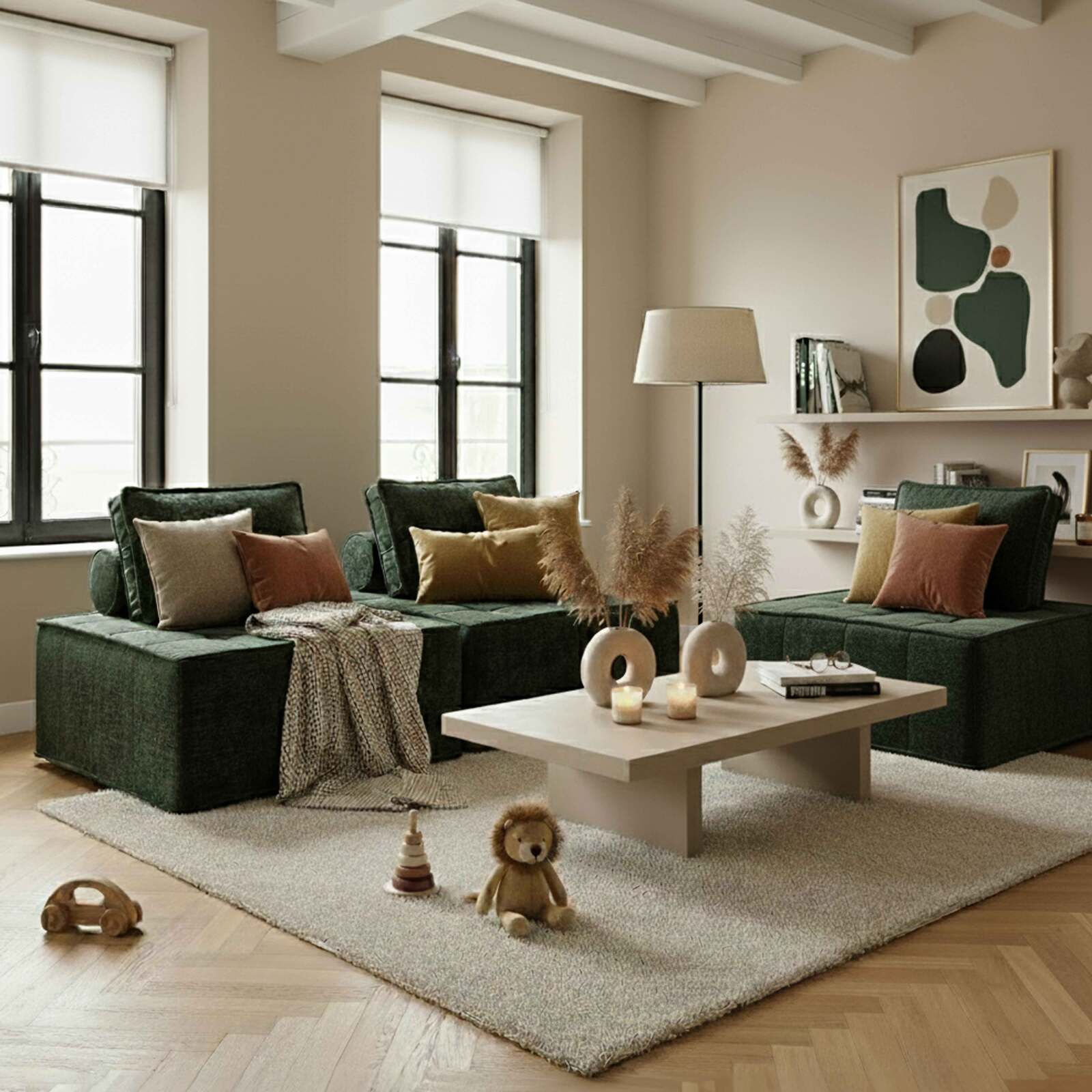 Divano modulare 3 posti in tessuto con cuscini Divano modulare 3 posti in tessuto con cuscini