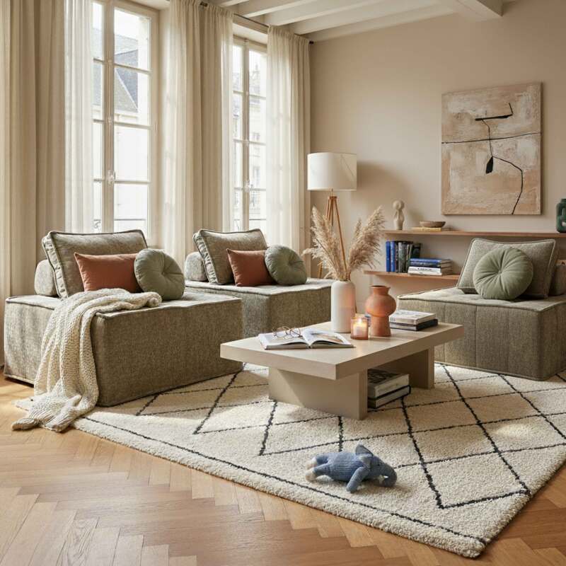 Divano modulare 3 posti in tessuto con cuscini