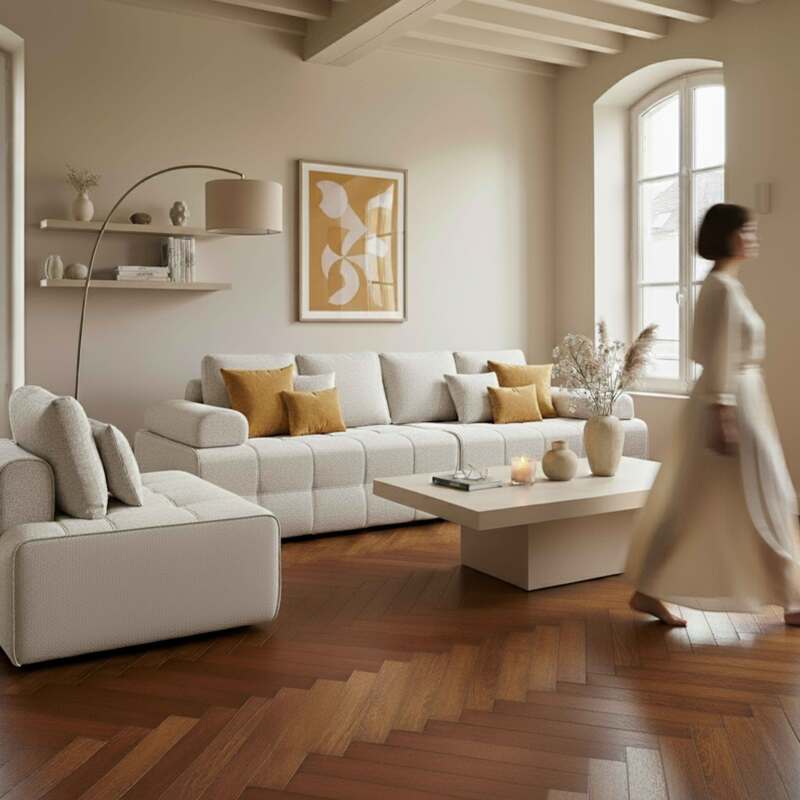 Divano modulare 5 posti in tessuto con cuscini