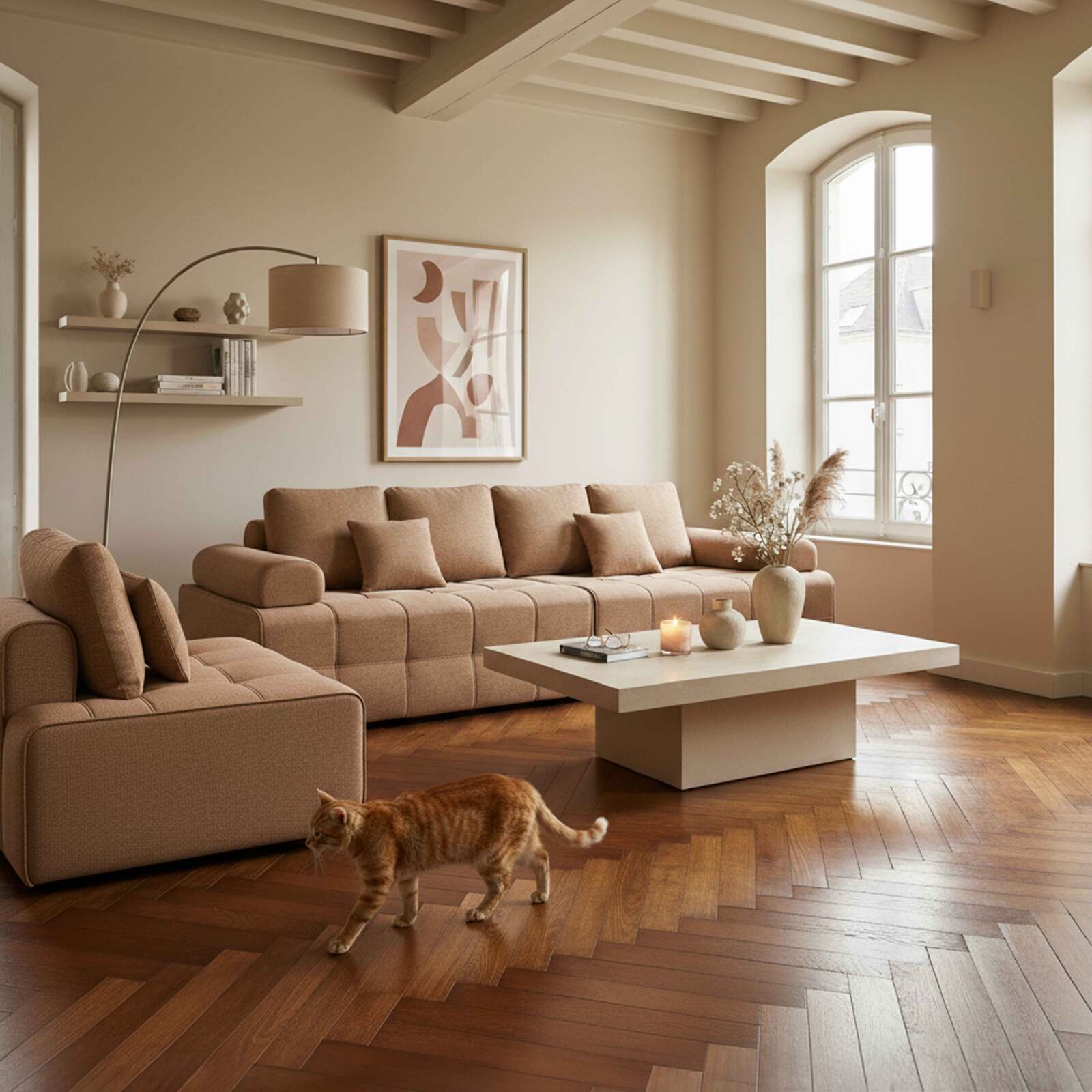 Divano modulare 5 posti in tessuto con cuscini