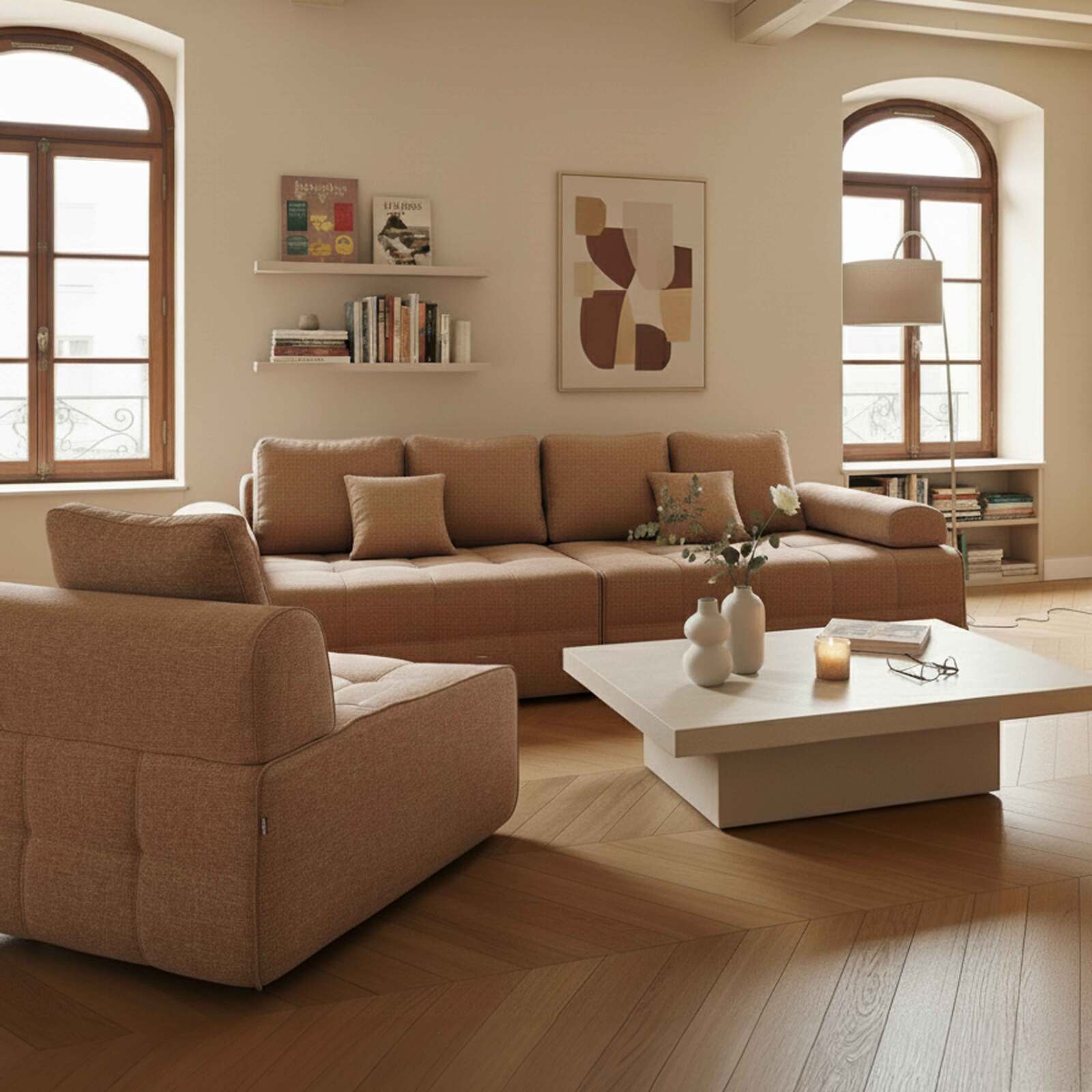 Divano modulare 5 posti in tessuto con cuscini