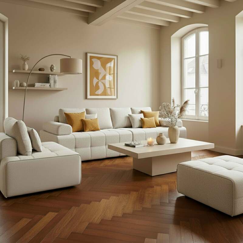 Divano modulare 5 posti in tessuto con pouf e cuscini