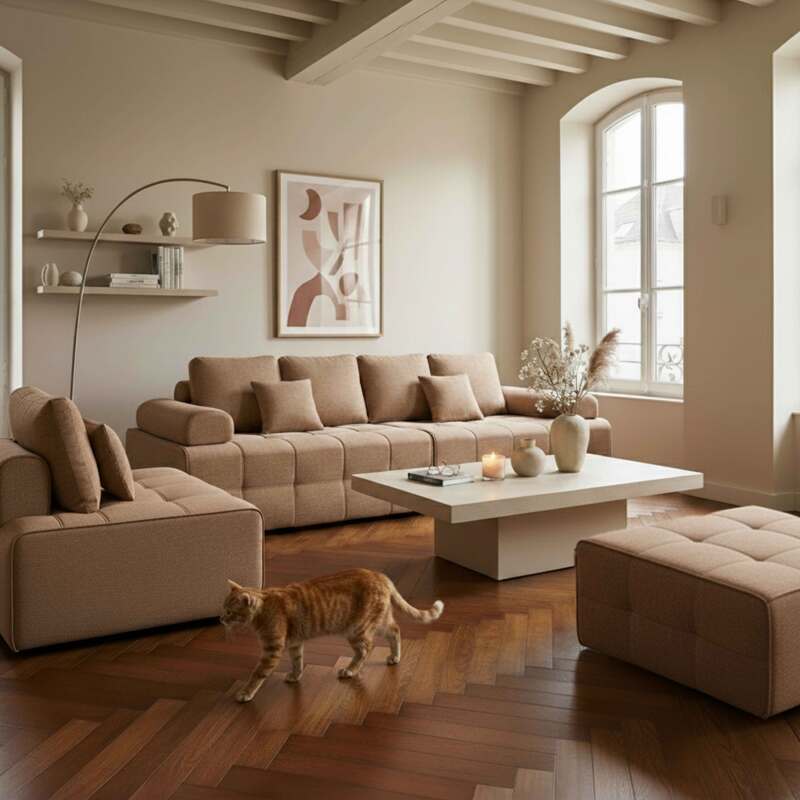 Divano modulare 5 posti in tessuto con pouf e cuscini