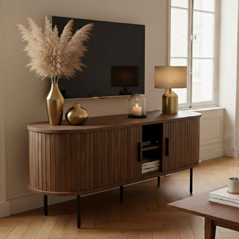 Mobile TV in effetto legno e metallo 120 cm, stile boho