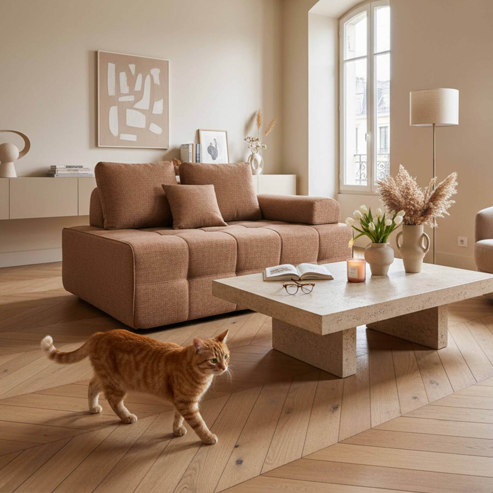 Poltrona sinistra per divano modulare in tessuto con cuscini