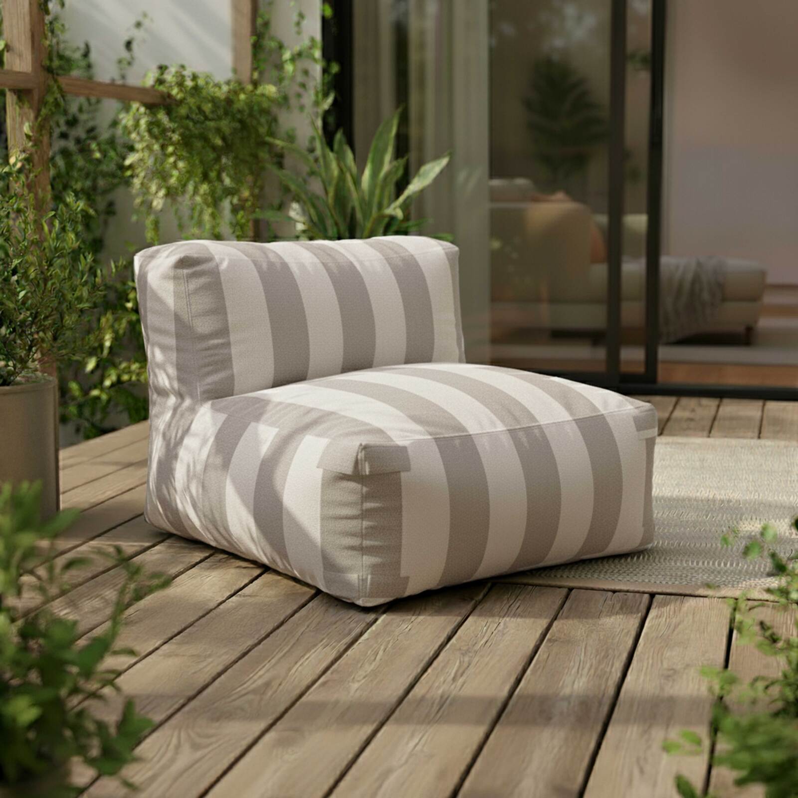 Divano modulare a righe da esterno 4 posti con 2 poltrone, 1 poltrona angolare, 1 chaise longue e 1 pouf
