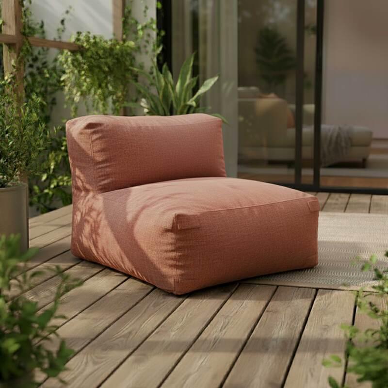 Divano modulare a righe da esterno 4 posti con 2 poltrone, 1 poltrona angolare, 1 chaise longue e 1 pouf