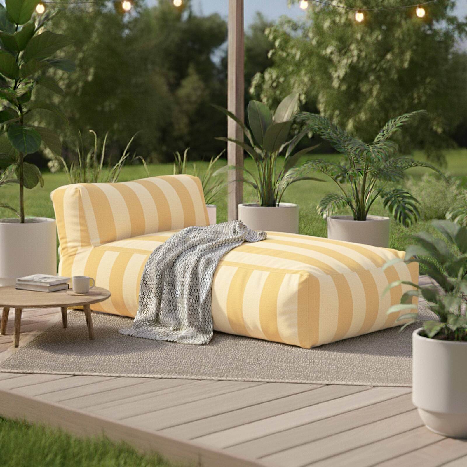 Divano modulare a righe da esterno 4 posti con 2 poltrone, 1 poltrona angolare, 1 chaise longue e 1 pouf
