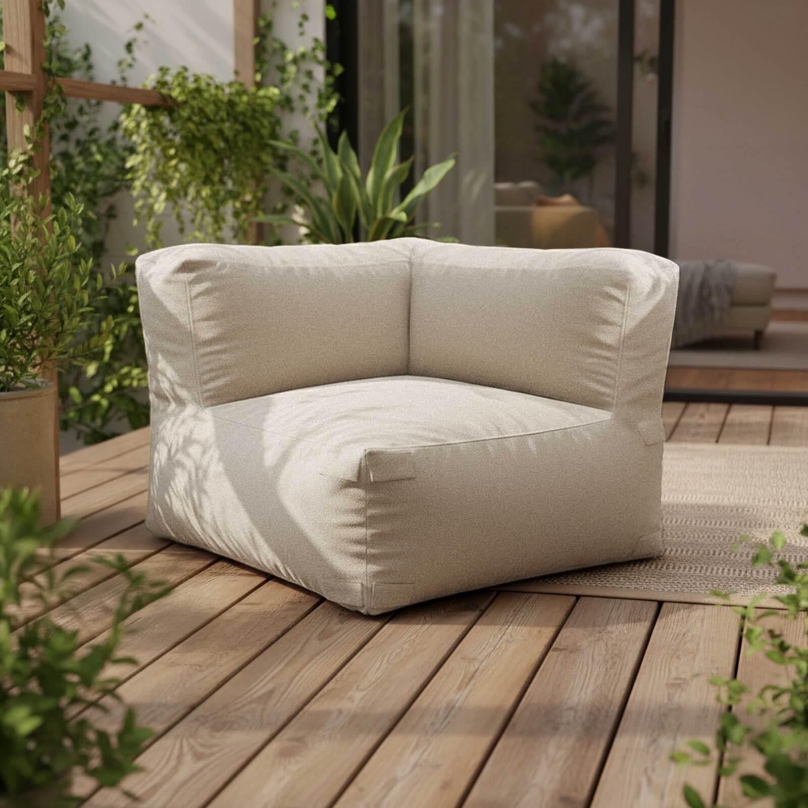 Divano modulare a righe da esterno 4 posti con 2 poltrone, 1 poltrona angolare, 1 chaise longue e 1 pouf
